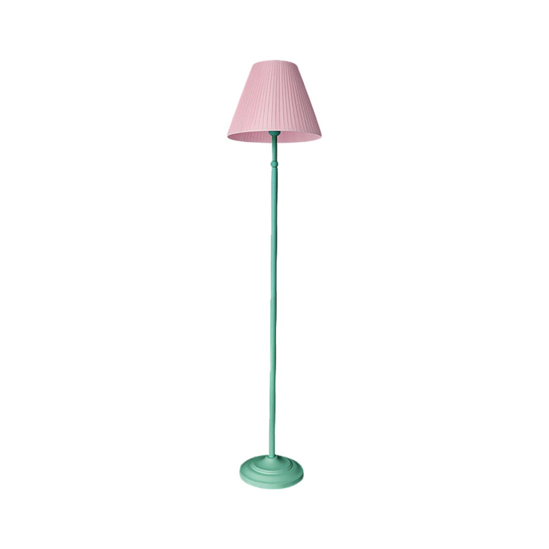 Macaron Straight Rod Iron Floor Light 1-Light Standing Floor Lamp in Pink/Green with Pink/Yellow Pleated Shade Clearhalo 'Floor Lamps' 'Lamps' Lighting' 818819