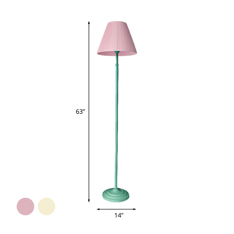 Macaron Straight Rod Iron Floor Light 1-Light Standing Floor Lamp in Pink/Green with Pink/Yellow Pleated Shade Clearhalo 'Floor Lamps' 'Lamps' Lighting' 818820