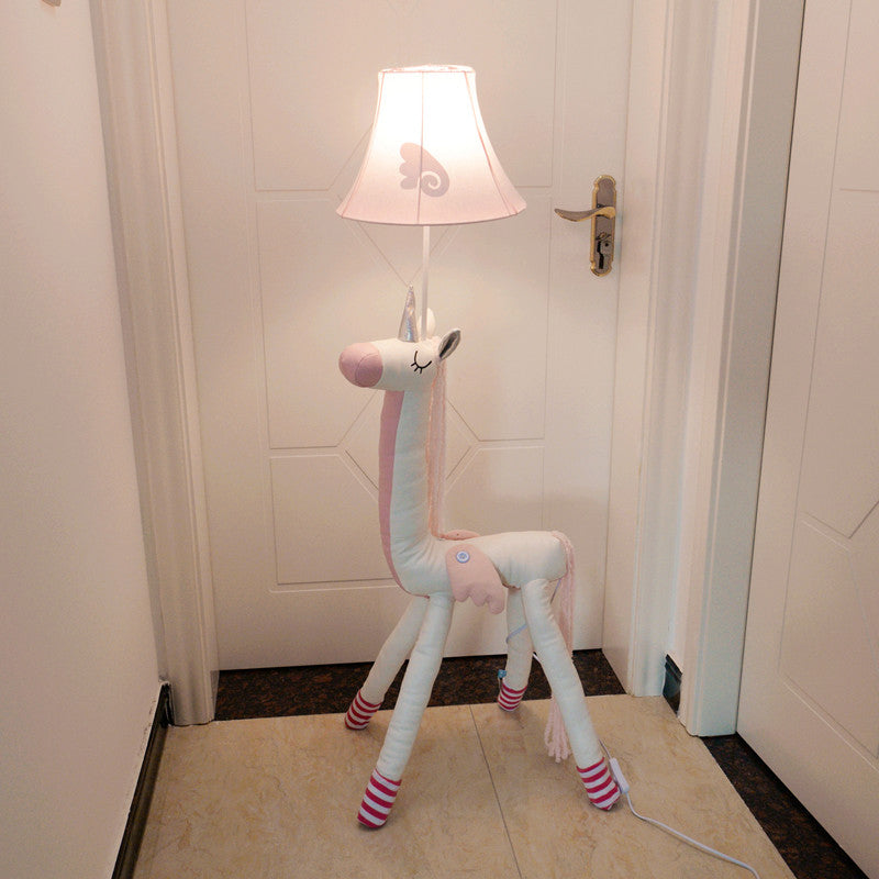 Cartoon Plush Unicorn Floor Lighting Fabric 1 Head Kids Bedroom Standing Lamp with Bell Shade in Pink Pink Clearhalo 'Floor Lamps' 'Lamps' Lighting' 818849