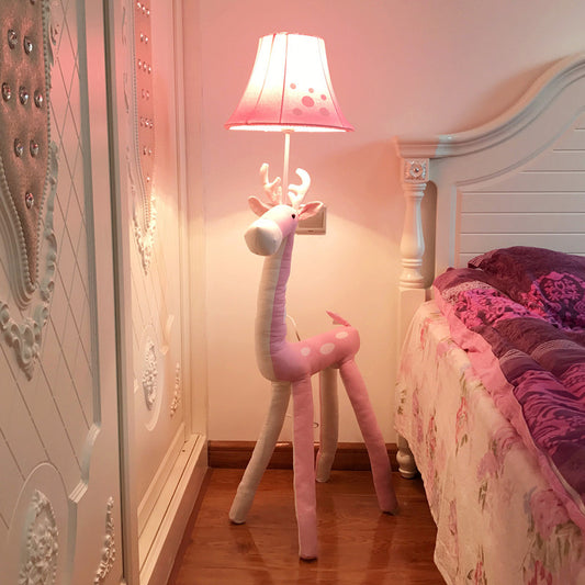 Soft Deer Stand Up Lamp Cartoon Fabric Single-Bulb Girl's Bedside Floor Standing Light with Lampshade in Pink Pink Clearhalo 'Floor Lamps' 'Lamps' Lighting' 818853