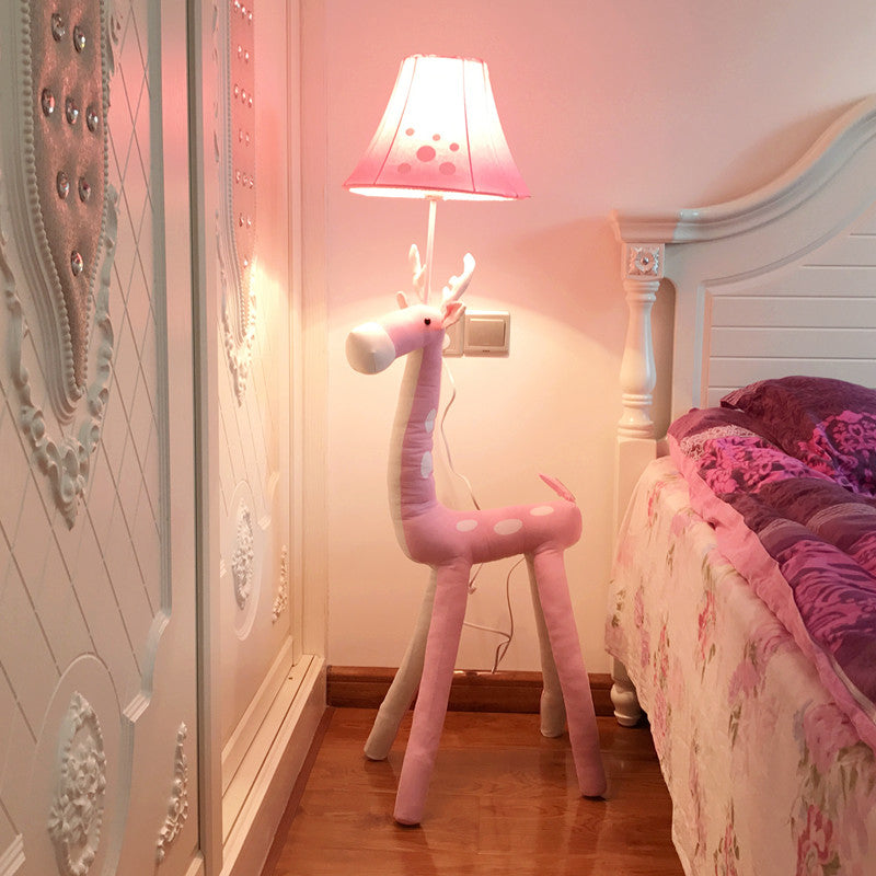 Soft Deer Stand Up Lamp Cartoon Fabric Single-Bulb Girl's Bedside Floor Standing Light with Lampshade in Pink Clearhalo 'Floor Lamps' 'Lamps' Lighting' 818854