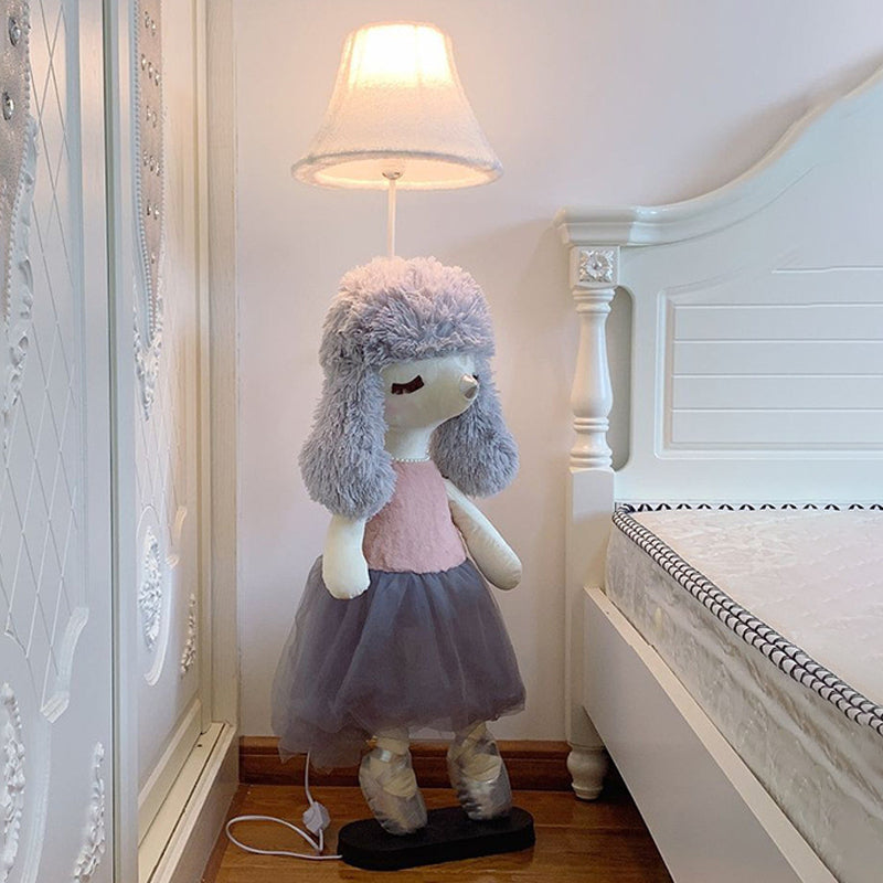 Kids Poodle Princess Fabric Floor Light 1-Bulb Reading Floor Lamp in Grey/Pink/Brown with White Shade Grey Clearhalo 'Floor Lamps' 'Lamps' Lighting' 818869