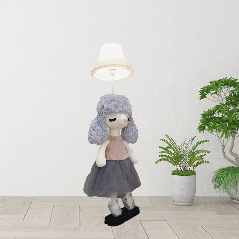 Kids Poodle Princess Fabric Floor Light 1-Bulb Reading Floor Lamp in Grey/Pink/Brown with White Shade Clearhalo 'Floor Lamps' 'Lamps' Lighting' 818871
