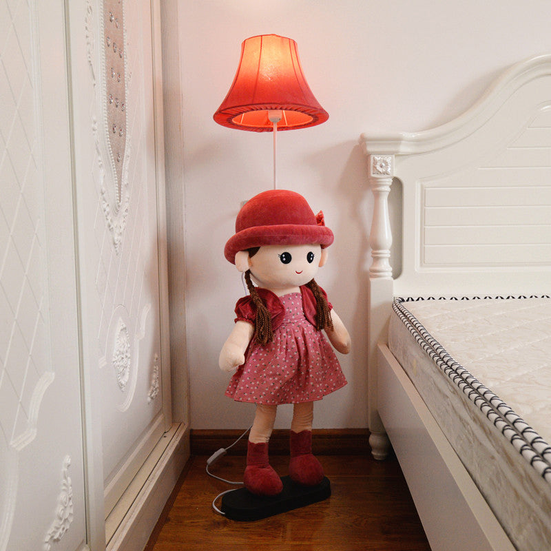 1-Light Bedside Standing Lamp Kids Red/Blue/Green Floor Light with Flared Fabric Shade and Plush Girl Stand Red Clearhalo 'Floor Lamps' 'Lamps' Lighting' 818877