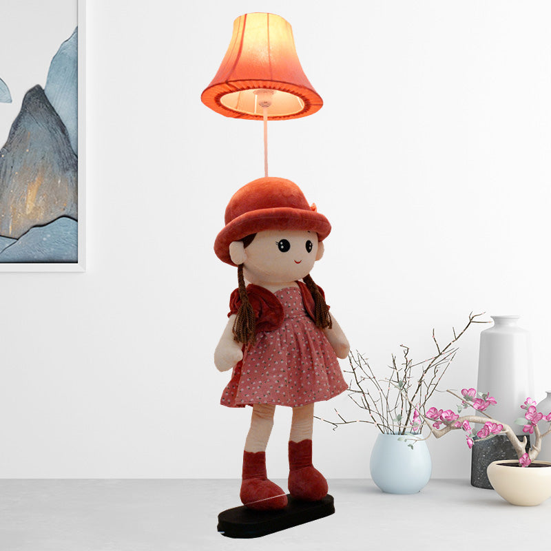 1-Light Bedside Standing Lamp Kids Red/Blue/Green Floor Light with Flared Fabric Shade and Plush Girl Stand Clearhalo 'Floor Lamps' 'Lamps' Lighting' 818878