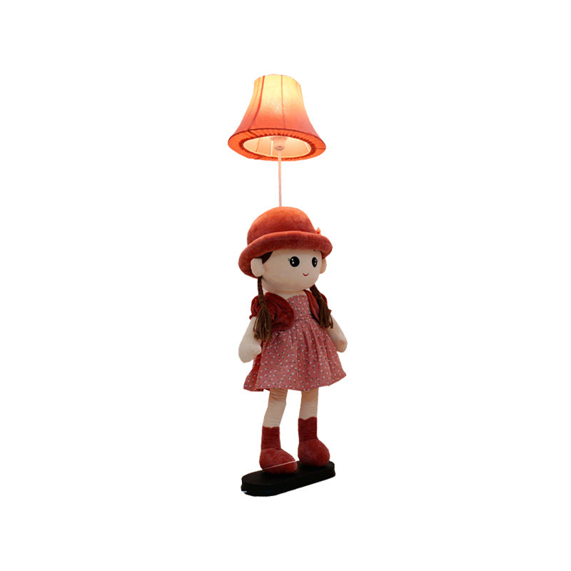 1-Light Bedside Standing Lamp Kids Red/Blue/Green Floor Light with Flared Fabric Shade and Plush Girl Stand Clearhalo 'Floor Lamps' 'Lamps' Lighting' 818879