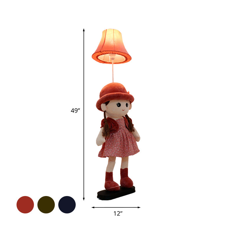 1-Light Bedside Standing Lamp Kids Red/Blue/Green Floor Light with Flared Fabric Shade and Plush Girl Stand Clearhalo 'Floor Lamps' 'Lamps' Lighting' 818880