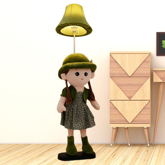 1-Light Bedside Standing Lamp Kids Red/Blue/Green Floor Light with Flared Fabric Shade and Plush Girl Stand Green Clearhalo 'Floor Lamps' 'Lamps' Lighting' 818881