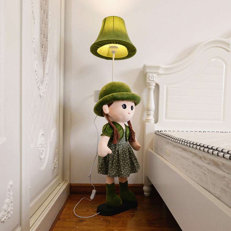 1-Light Bedside Standing Lamp Kids Red/Blue/Green Floor Light with Flared Fabric Shade and Plush Girl Stand Clearhalo 'Floor Lamps' 'Lamps' Lighting' 818882