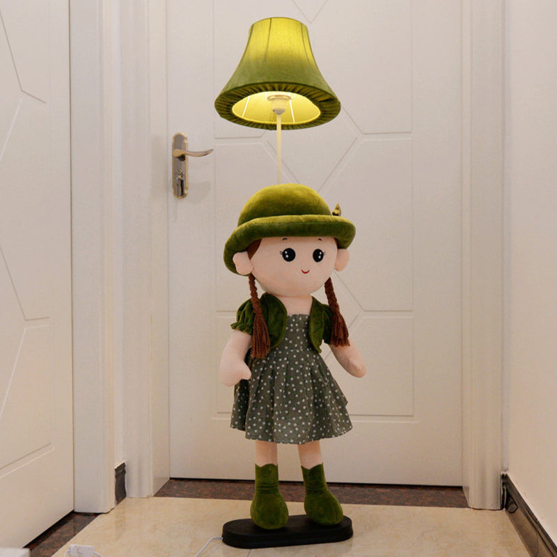 1-Light Bedside Standing Lamp Kids Red/Blue/Green Floor Light with Flared Fabric Shade and Plush Girl Stand Clearhalo 'Floor Lamps' 'Lamps' Lighting' 818883