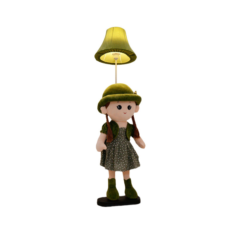 1-Light Bedside Standing Lamp Kids Red/Blue/Green Floor Light with Flared Fabric Shade and Plush Girl Stand Clearhalo 'Floor Lamps' 'Lamps' Lighting' 818884