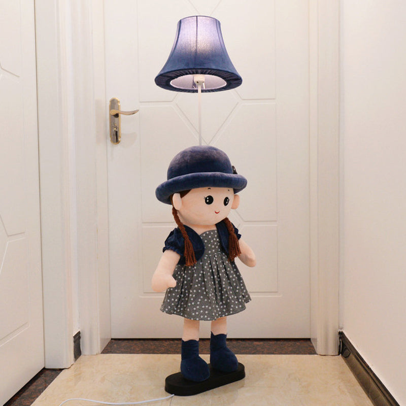 1-Light Bedside Standing Lamp Kids Red/Blue/Green Floor Light with Flared Fabric Shade and Plush Girl Stand Blue Clearhalo 'Floor Lamps' 'Lamps' Lighting' 818885