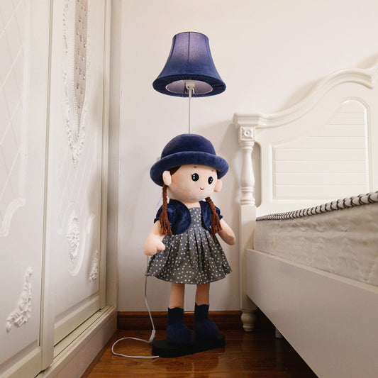 1-Light Bedside Standing Lamp Kids Red/Blue/Green Floor Light with Flared Fabric Shade and Plush Girl Stand Clearhalo 'Floor Lamps' 'Lamps' Lighting' 818886