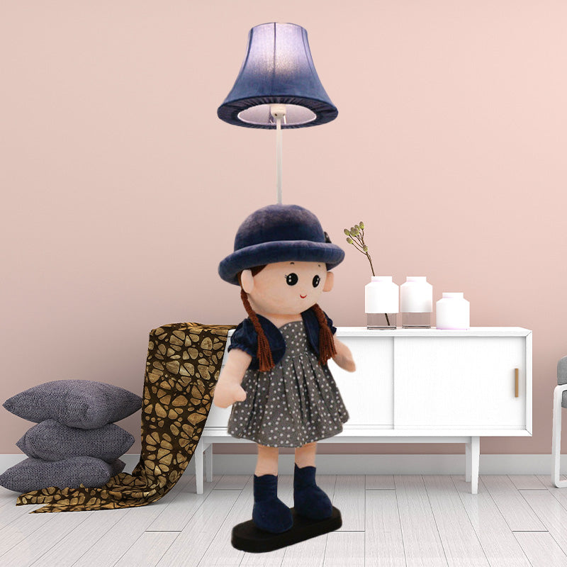 1-Light Bedside Standing Lamp Kids Red/Blue/Green Floor Light with Flared Fabric Shade and Plush Girl Stand Clearhalo 'Floor Lamps' 'Lamps' Lighting' 818887