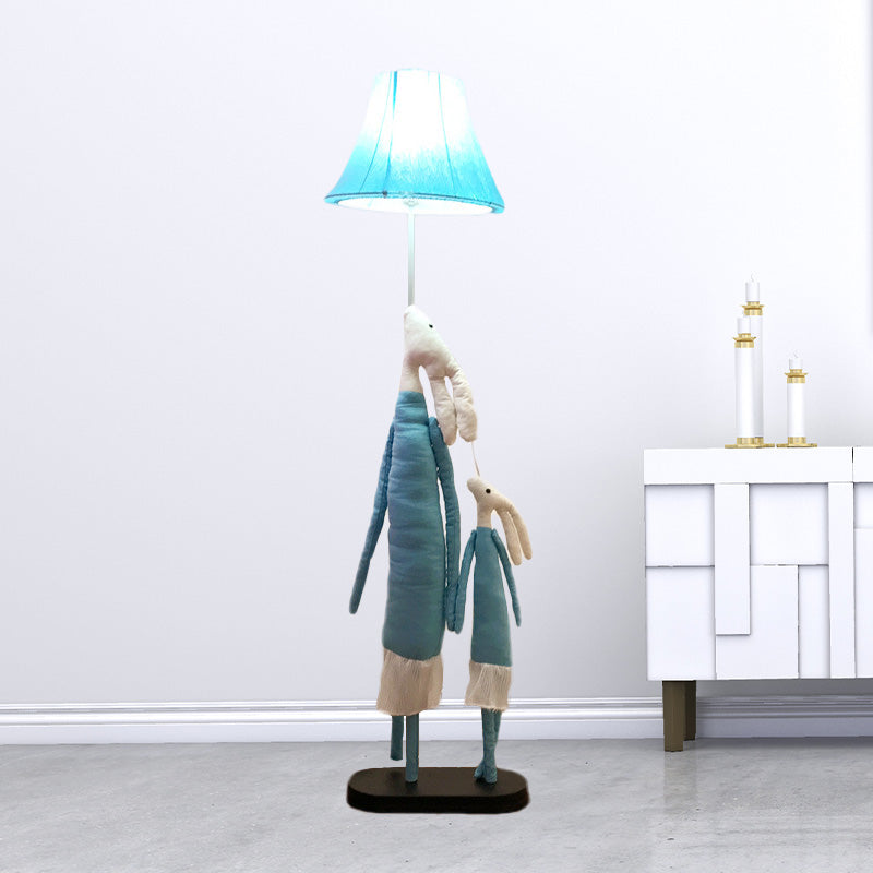 Cartoon 1-Light Floor Lighting Blue/Rose Red Rabbit Mon and Kid Standing Light with Flared Lampshade Clearhalo 'Floor Lamps' 'Lamps' Lighting' 818909