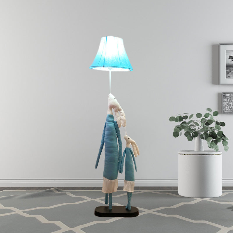 Cartoon 1-Light Floor Lighting Blue/Rose Red Rabbit Mon and Kid Standing Light with Flared Lampshade Clearhalo 'Floor Lamps' 'Lamps' Lighting' 818910