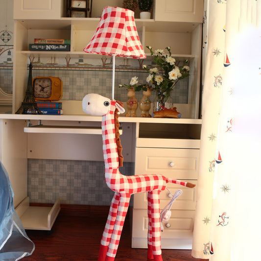 Checkered Fabric Deer Floor Light Kids 1-Head Coffee/Red Floor Reading Lamp with Bell Shade Red Clearhalo 'Floor Lamps' 'Lamps' Lighting' 818916