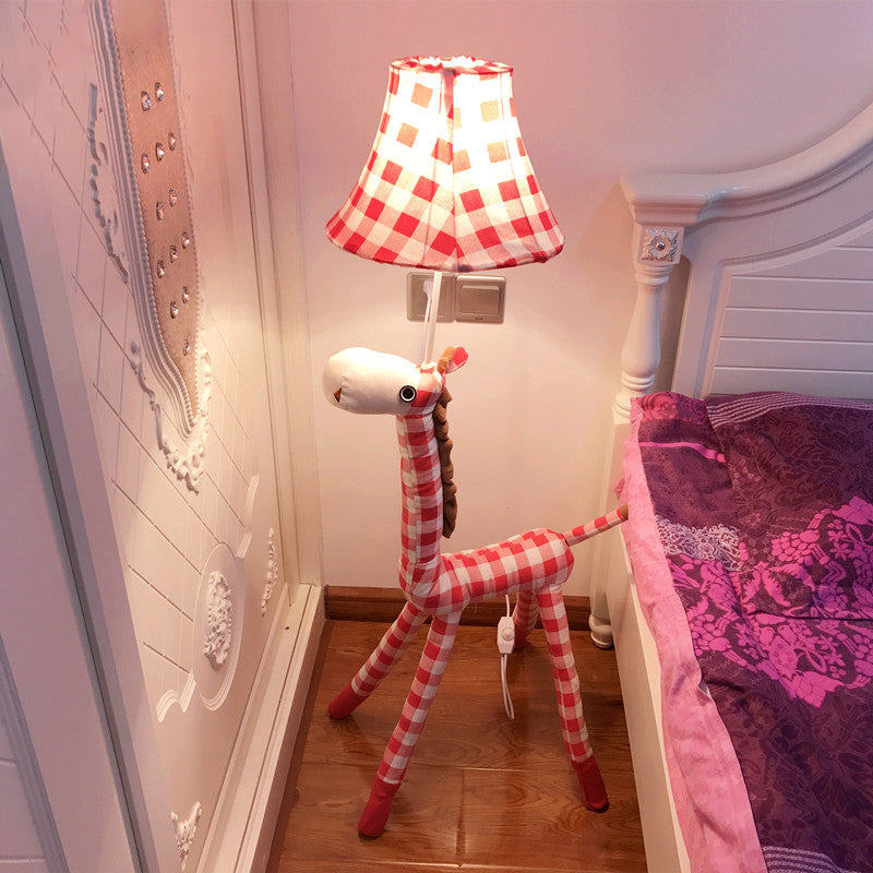 Checkered Fabric Deer Floor Light Kids 1-Head Coffee/Red Floor Reading Lamp with Bell Shade Clearhalo 'Floor Lamps' 'Lamps' Lighting' 818917