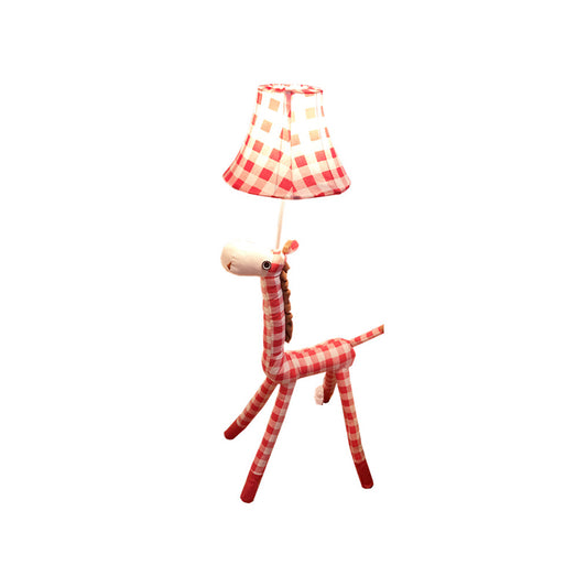 Checkered Fabric Deer Floor Light Kids 1-Head Coffee/Red Floor Reading Lamp with Bell Shade Clearhalo 'Floor Lamps' 'Lamps' Lighting' 818918