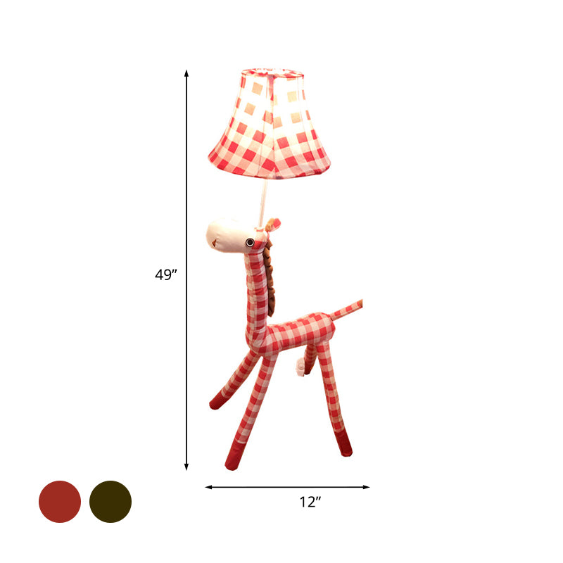 Checkered Fabric Deer Floor Light Kids 1-Head Coffee/Red Floor Reading Lamp with Bell Shade Clearhalo 'Floor Lamps' 'Lamps' Lighting' 818919