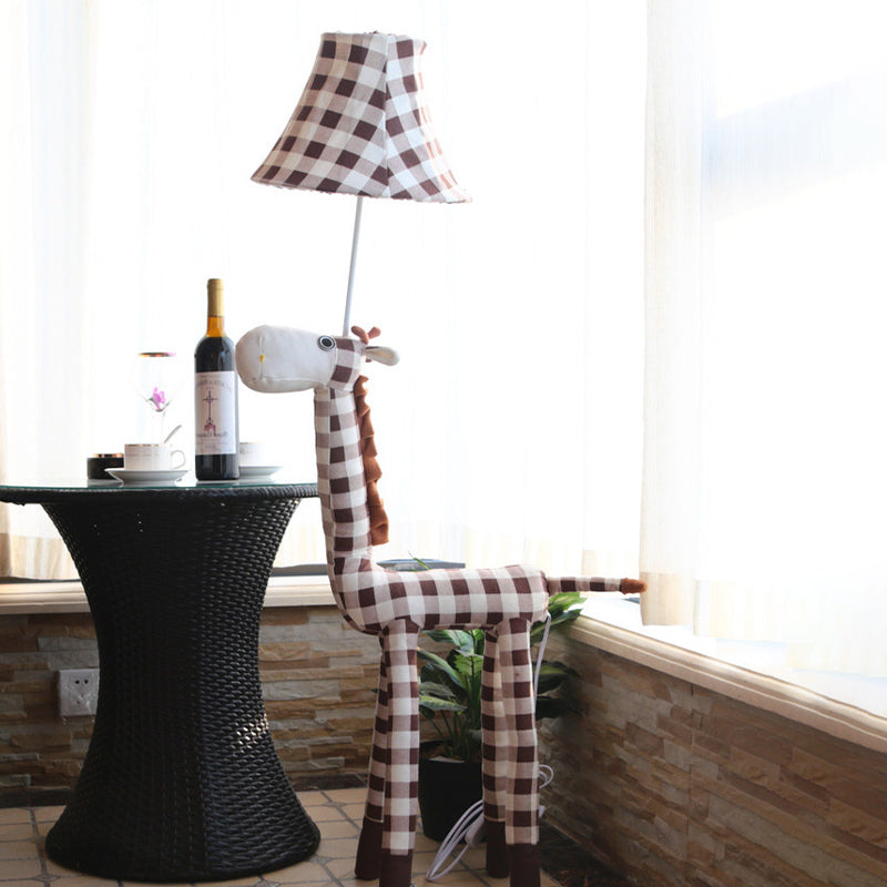 Checkered Fabric Deer Floor Light Kids 1-Head Coffee/Red Floor Reading Lamp with Bell Shade Coffee Clearhalo 'Floor Lamps' 'Lamps' Lighting' 818920