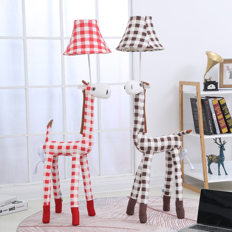 Checkered Fabric Deer Floor Light Kids 1-Head Coffee/Red Floor Reading Lamp with Bell Shade Clearhalo 'Floor Lamps' 'Lamps' Lighting' 818922