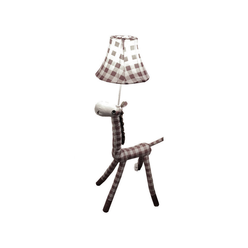 Checkered Fabric Deer Floor Light Kids 1-Head Coffee/Red Floor Reading Lamp with Bell Shade Clearhalo 'Floor Lamps' 'Lamps' Lighting' 818923