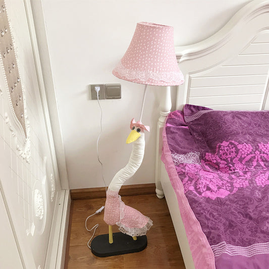 Lace-Trim Flared Dotted Fabric Floor Lamp Cartoon Single Pink Standing Floor Light with Plush Goose Base Pink Clearhalo 'Floor Lamps' 'Lamps' Lighting' 818924
