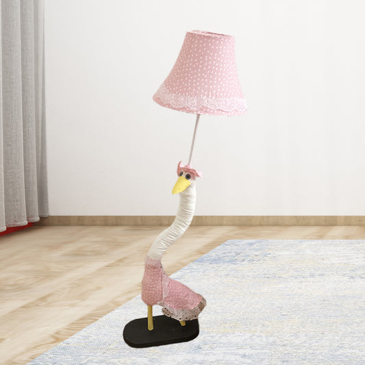 Lace-Trim Flared Dotted Fabric Floor Lamp Cartoon Single Pink Standing Floor Light with Plush Goose Base Clearhalo 'Floor Lamps' 'Lamps' Lighting' 818925