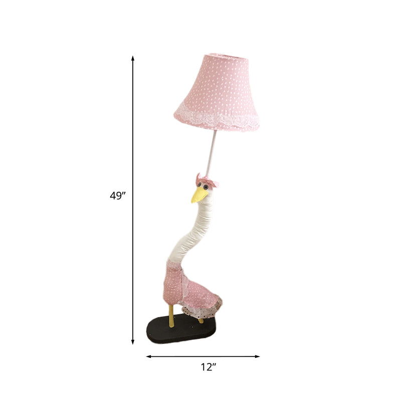 Lace-Trim Flared Dotted Fabric Floor Lamp Cartoon Single Pink Standing Floor Light with Plush Goose Base Clearhalo 'Floor Lamps' 'Lamps' Lighting' 818927