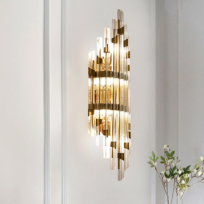 3-Light Wall Sconce Lamp Postmodern Shield Crystal Rod Wall Lighting Fixture in Gold for Living Room Gold Clearhalo 'Modern wall lights' 'Modern' 'Wall Lamps & Sconces' 'Wall Lights' Lighting' 818991