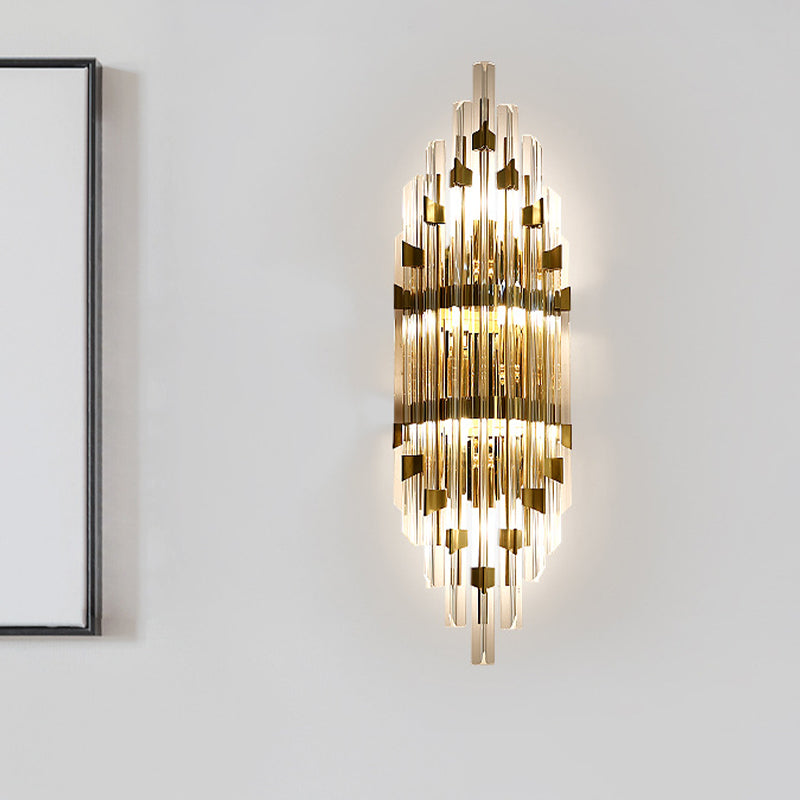 3-Light Wall Sconce Lamp Postmodern Shield Crystal Rod Wall Lighting Fixture in Gold for Living Room Clearhalo 'Modern wall lights' 'Modern' 'Wall Lamps & Sconces' 'Wall Lights' Lighting' 818992