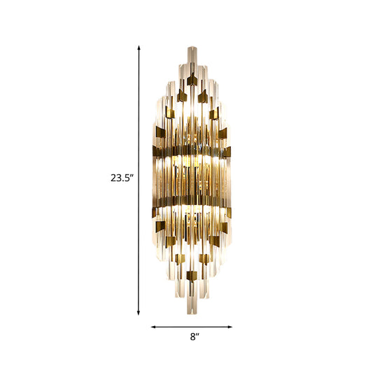3-Light Wall Sconce Lamp Postmodern Shield Crystal Rod Wall Lighting Fixture in Gold for Living Room Clearhalo 'Modern wall lights' 'Modern' 'Wall Lamps & Sconces' 'Wall Lights' Lighting' 818994