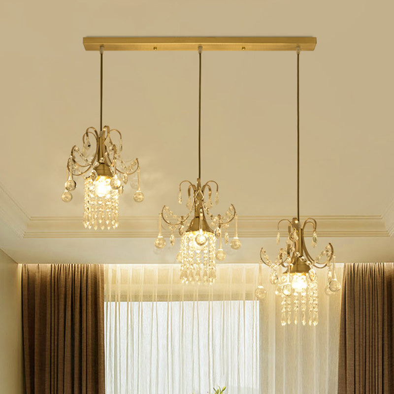 Postmodern Rain Cluster Pendant Light 3 Bulbs Clear K9 Crystal Suspension Lamp in Gold for Dining Room Gold Clearhalo 'Ceiling Lights' 'Pendant Lights' 'Pendants' Lighting' 819055_ef53d508-8c80-4988-8a5b-38de2ad7b8c1