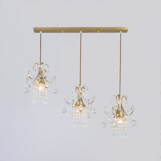 Postmodern Rain Cluster Pendant Light 3 Bulbs Clear K9 Crystal Suspension Lamp in Gold for Dining Room Clearhalo 'Ceiling Lights' 'Pendant Lights' 'Pendants' Lighting' 819056