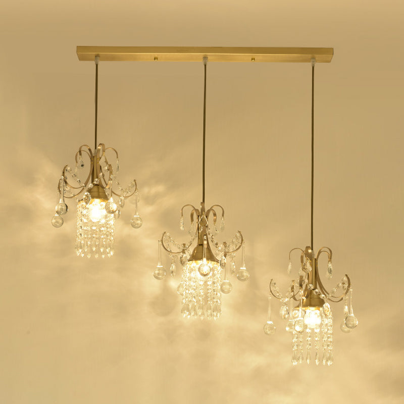 Postmodern Rain Cluster Pendant Light 3 Bulbs Clear K9 Crystal Suspension Lamp in Gold for Dining Room Clearhalo 'Ceiling Lights' 'Pendant Lights' 'Pendants' Lighting' 819057