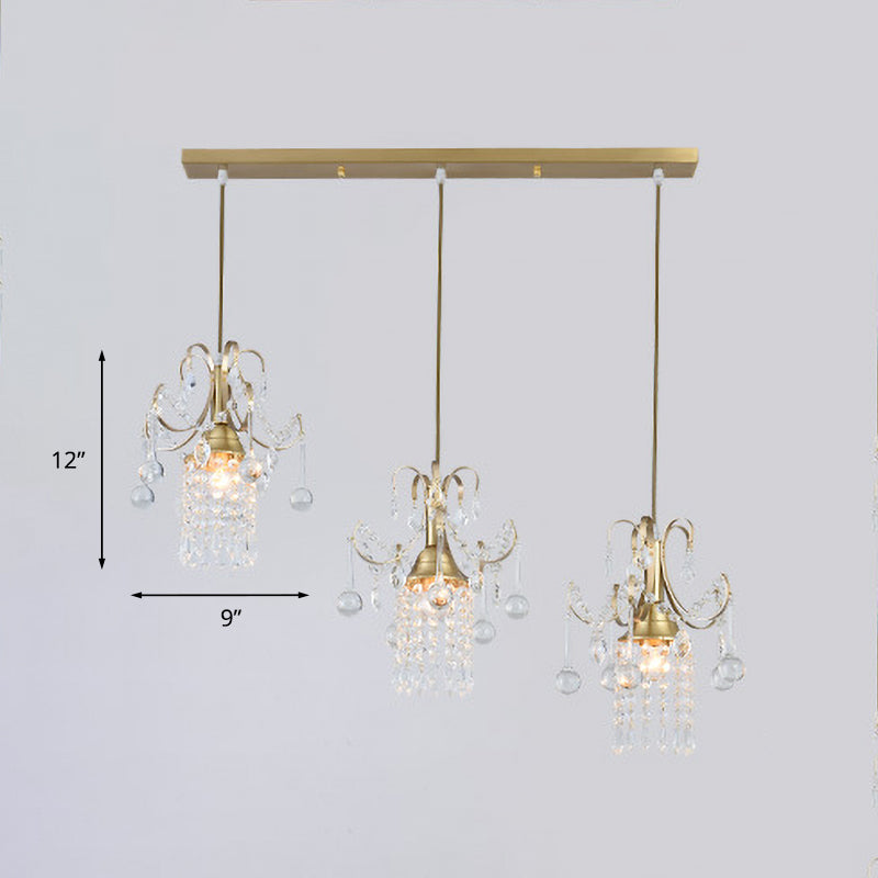 Postmodern Rain Cluster Pendant Light 3 Bulbs Clear K9 Crystal Suspension Lamp in Gold for Dining Room Clearhalo 'Ceiling Lights' 'Pendant Lights' 'Pendants' Lighting' 819058