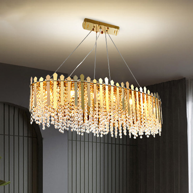 Elliptical Restaurant Island Pendant Luxury Clear Crystal Bead 14-Light Gold Hanging Light Fixture Clearhalo 'Ceiling Lights' 'Island Lights' Lighting' 819080