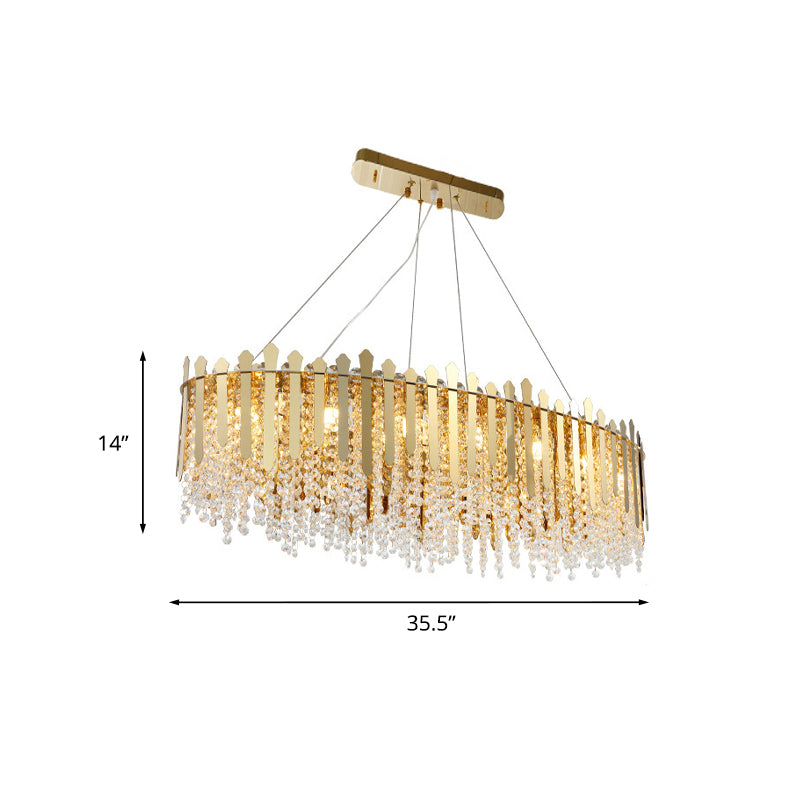 Elliptical Restaurant Island Pendant Luxury Clear Crystal Bead 14-Light Gold Hanging Light Fixture Clearhalo 'Ceiling Lights' 'Island Lights' Lighting' 819082