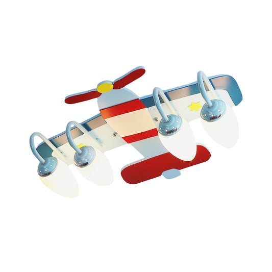 Wood Airplane Ceiling Flush Cartoon 4-Light Blue and Red Flush Mount Lamp with Bullet Opal Glass Shade Clearhalo 'Ceiling Lights' 'Close To Ceiling Lights' 'Close to ceiling' 'Glass shade' 'Glass' 'Pendant Lights' 'Semi-flushmount' Lighting' 819161