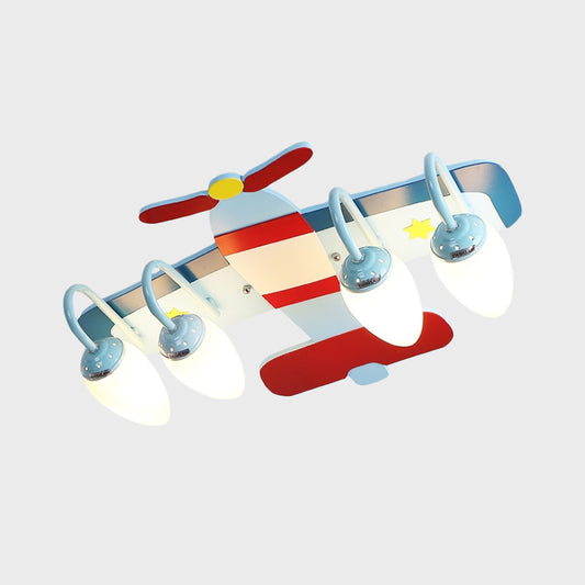 Wood Airplane Ceiling Flush Cartoon 4-Light Blue and Red Flush Mount Lamp with Bullet Opal Glass Shade Clearhalo 'Ceiling Lights' 'Close To Ceiling Lights' 'Close to ceiling' 'Glass shade' 'Glass' 'Pendant Lights' 'Semi-flushmount' Lighting' 819162