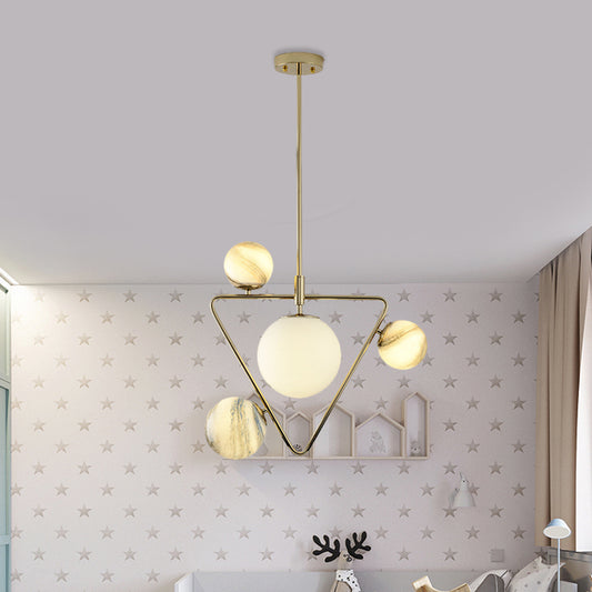 Nordic Ball Chandelier Light Frosted Glass 4-Bulb Living Room Pendant Lamp in Gold with Triangle Cage Clearhalo 'Ceiling Lights' 'Chandeliers' Lighting' options 819374