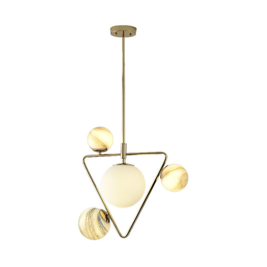 Nordic Ball Chandelier Light Frosted Glass 4-Bulb Living Room Pendant Lamp in Gold with Triangle Cage Clearhalo 'Ceiling Lights' 'Chandeliers' Lighting' options 819375