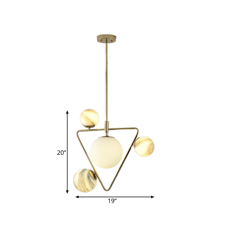 Nordic Ball Chandelier Light Frosted Glass 4-Bulb Living Room Pendant Lamp in Gold with Triangle Cage Clearhalo 'Ceiling Lights' 'Chandeliers' Lighting' options 819377