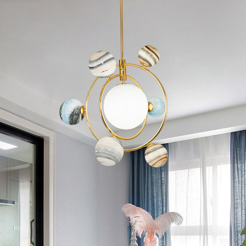 7-Light Nursery Pendant Nordic Gold Chandelier Light Fixture with Planet Frosted Glass Shade Clearhalo 'Ceiling Lights' 'Chandeliers' Lighting' options 819378
