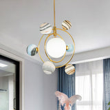 7-Light Nursery Pendant Nordic Gold Chandelier Light Fixture with Planet Frosted Glass Shade Clearhalo 'Ceiling Lights' 'Chandeliers' Lighting' options 819378