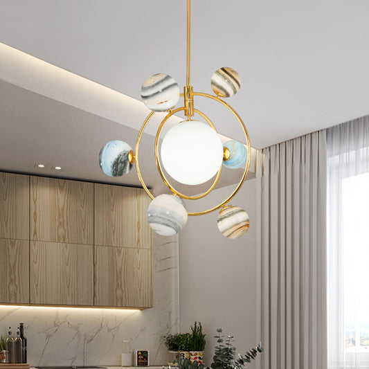7-Light Nursery Pendant Nordic Gold Chandelier Light Fixture with Planet Frosted Glass Shade Clearhalo 'Ceiling Lights' 'Chandeliers' Lighting' options 819379