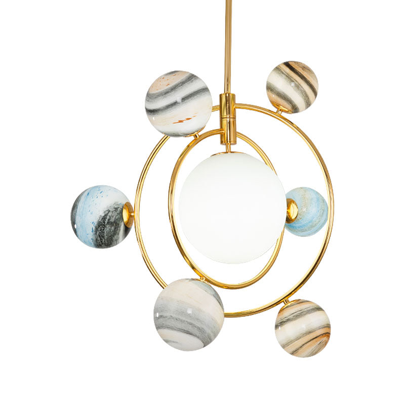 7-Light Nursery Pendant Nordic Gold Chandelier Light Fixture with Planet Frosted Glass Shade Clearhalo 'Ceiling Lights' 'Chandeliers' Lighting' options 819380