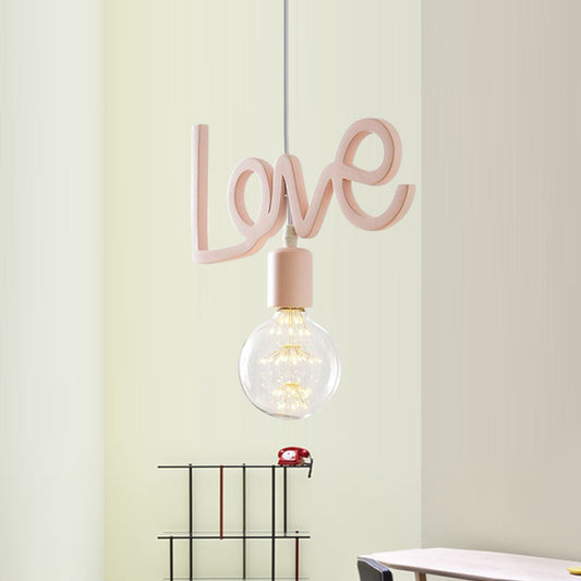 Macaroon Bare Bulb Drop Lamp Resin 1 Bulb Living Room Pendant in Pink with Letter Design Clearhalo 'Ceiling Lights' 'Pendant Lights' 'Pendants' Lighting' 819423