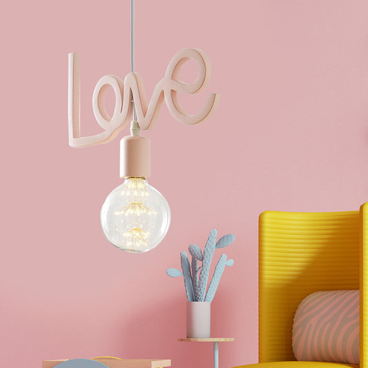 Macaroon Bare Bulb Drop Lamp Resin 1 Bulb Living Room Pendant in Pink with Letter Design Clearhalo 'Ceiling Lights' 'Pendant Lights' 'Pendants' Lighting' 819424
